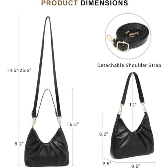 Ruched Hobo Handbag for Women Black - Picture 4 of 6